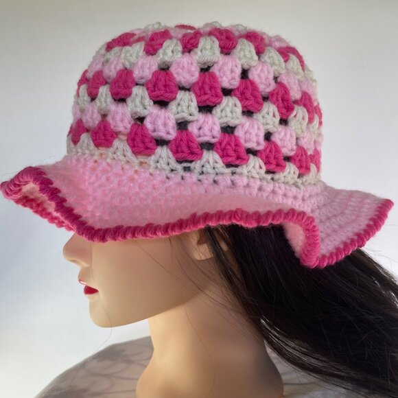 Crochet Bucket Hat Granny Square Pattern Pink and White Adult Size Handmade main image 5